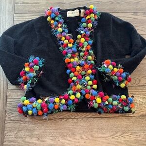 Design Options Philip and Jane Vibrant Wool Blend Pom-Pom Black Cardigan XL